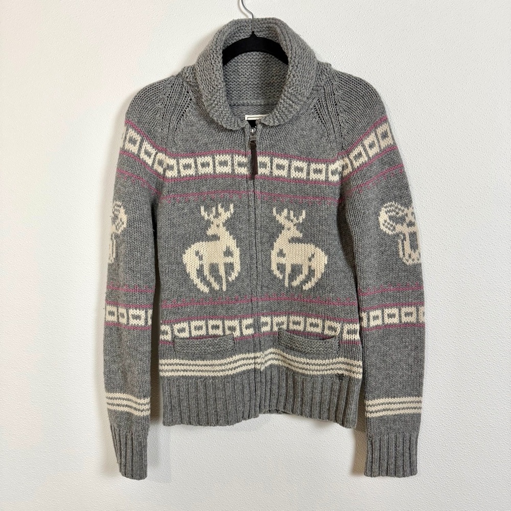 TNA 100% Lambswool Deer Fair Isle Zip Cardigan Sweater Medium Grey Nordic Cabin - Picture 2 of 15